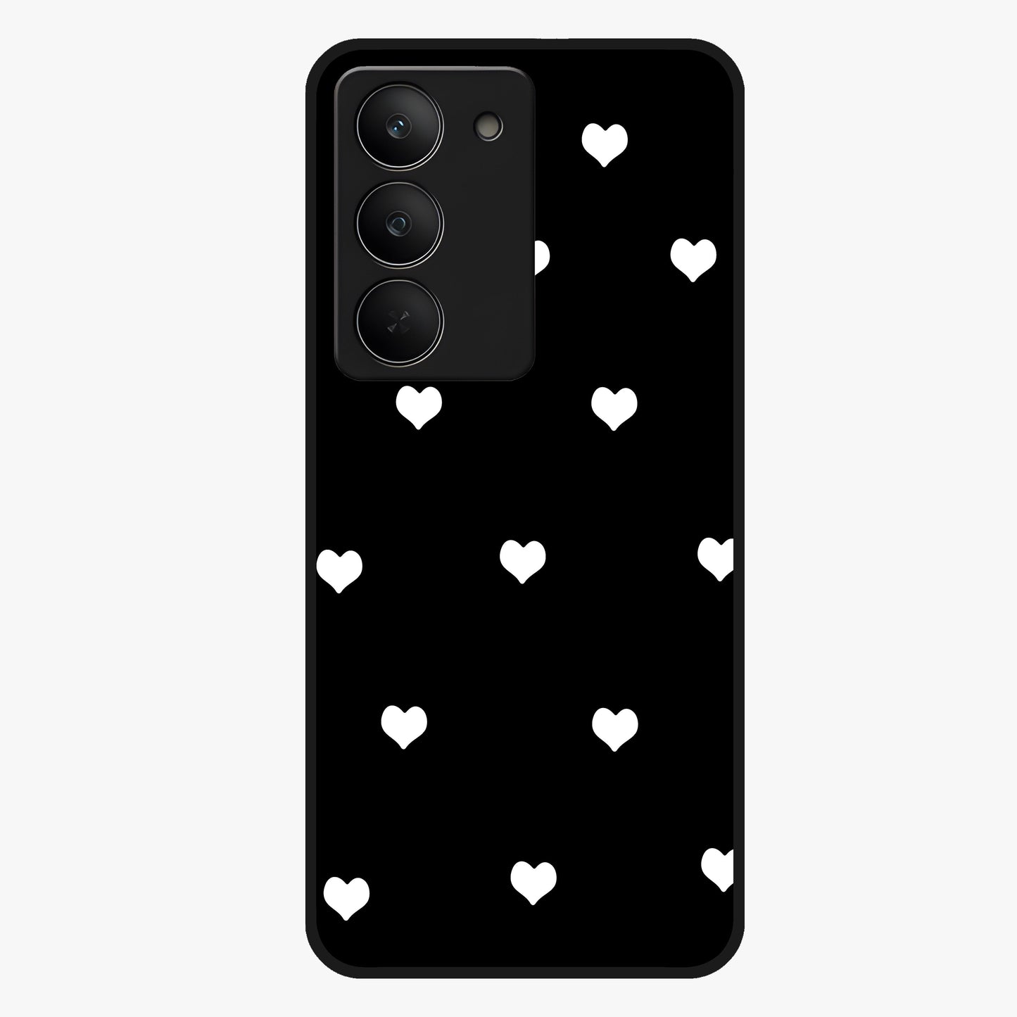 Cute And Simple White Hearts Glass Case showing flat back view with minimal white heart pattern and glossy glass finish.