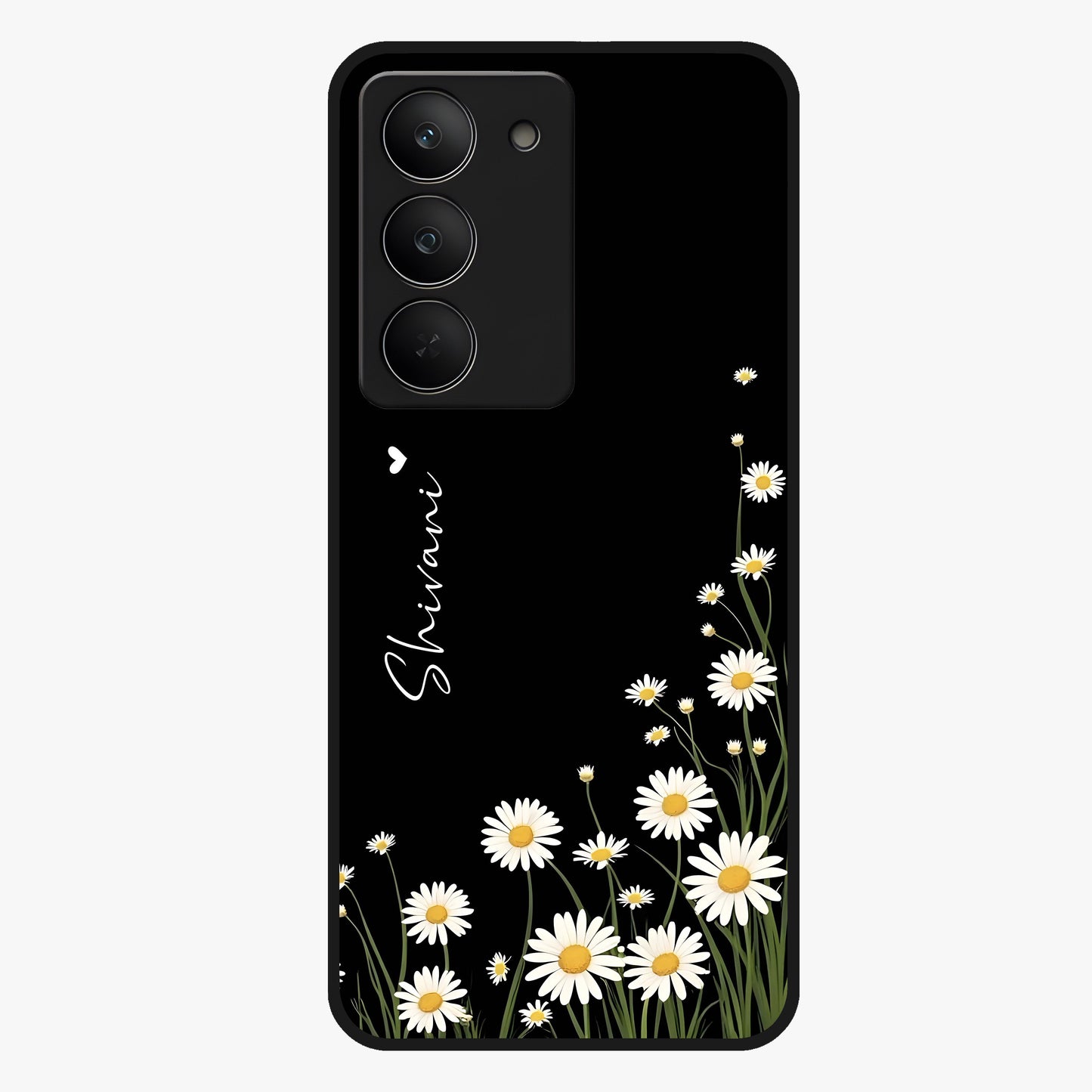 Daisy Cascade Custom Name Glass Case showing flat back view with cascading daisy flowers and personalized name design.