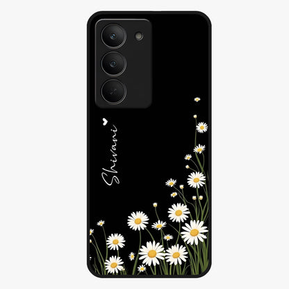 Daisy Cascade Custom Name Glass Case showing flat back view with cascading daisy flowers and personalized name design.