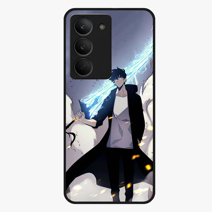 Dark Lightning Anime Warrior Glass Case showing flat back view with intense anime warrior artwork and glossy glass finish.