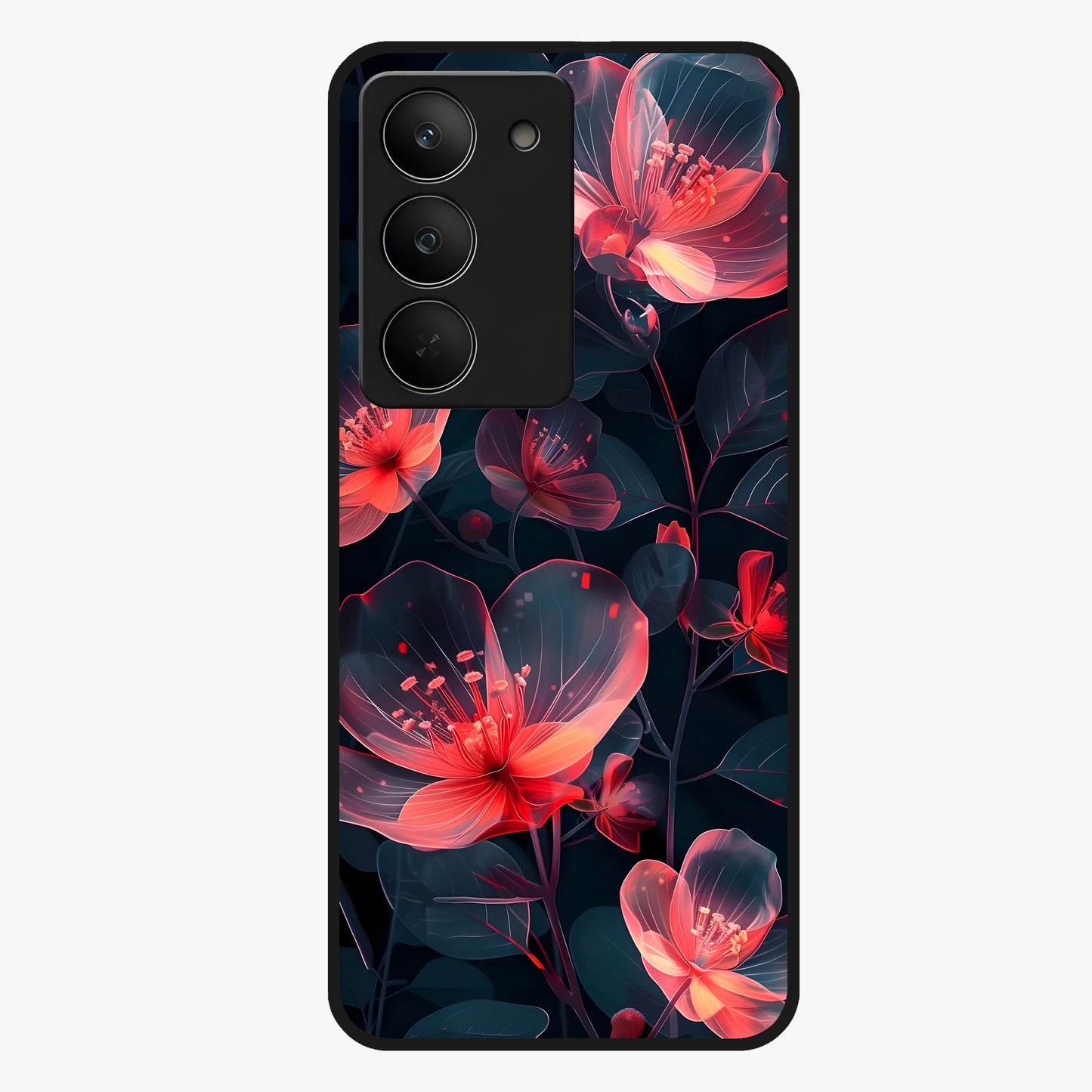 Dark Shade of Flower Glass Case showing flat back view with elegant dark floral artwork and glossy glass finish.