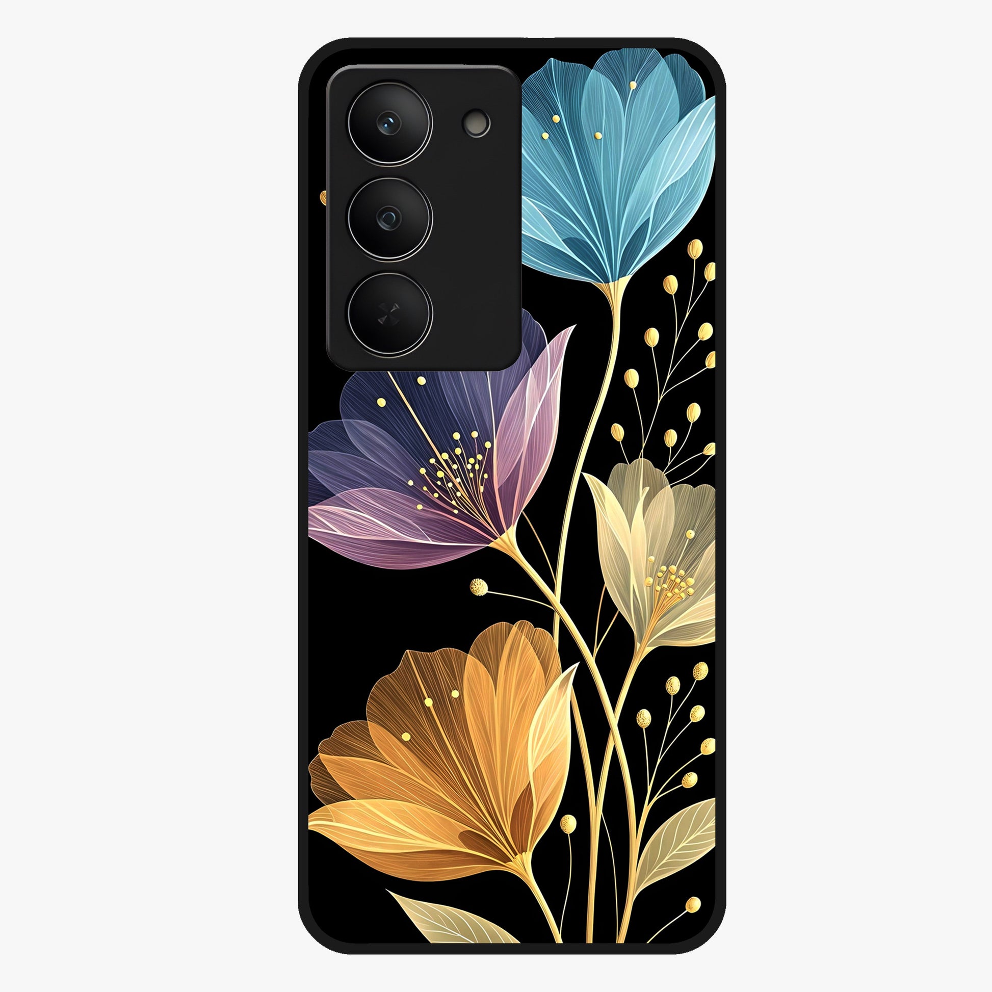Delicate Multicolor Flowers Glass Case showing flat back view with vibrant floral artwork and glossy glass finish.