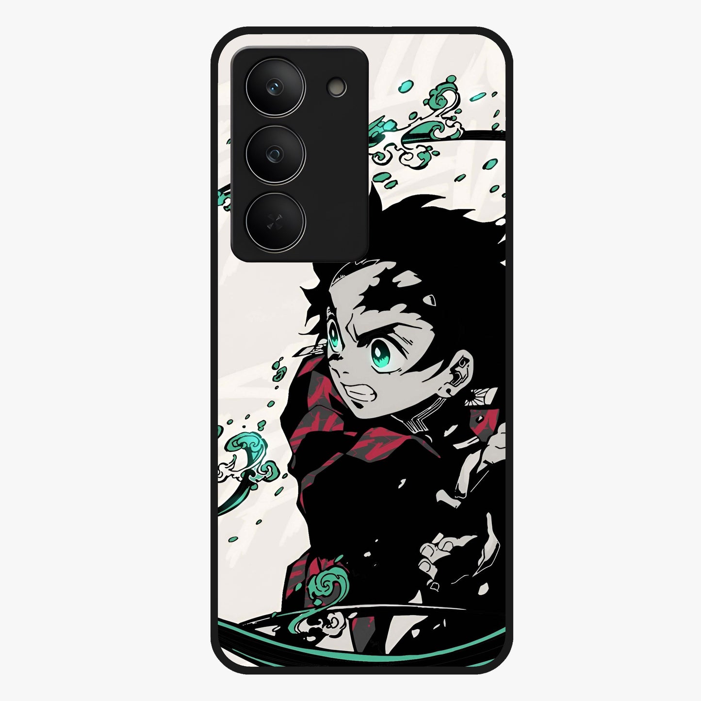 Demon Slayer Glass Case showing flat back view with bold anime inspired artwork and glossy glass finish.