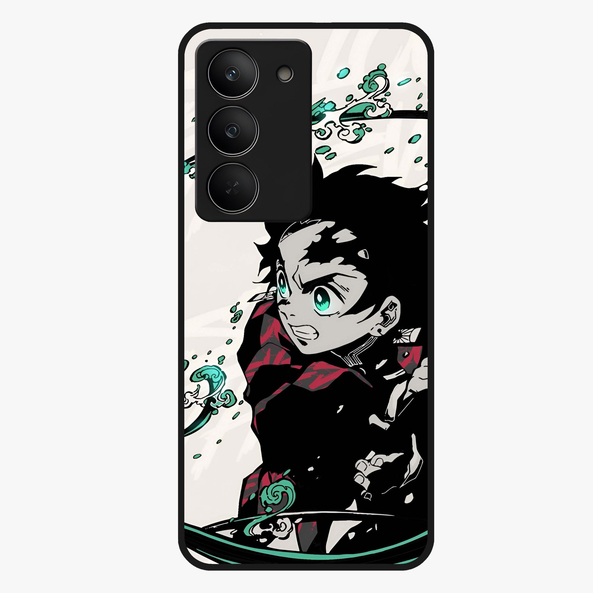 Demon Slayer Glass Case showing flat back view with bold anime inspired artwork and glossy glass finish.