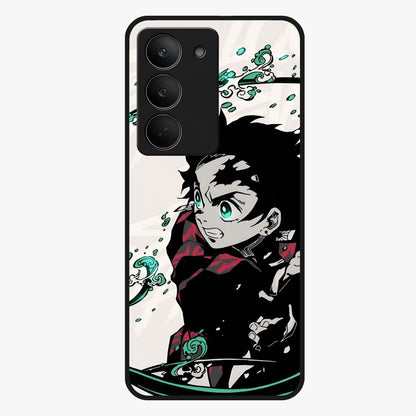 Demon Slayer Glass Case showing flat back view with bold anime inspired artwork and glossy glass finish.