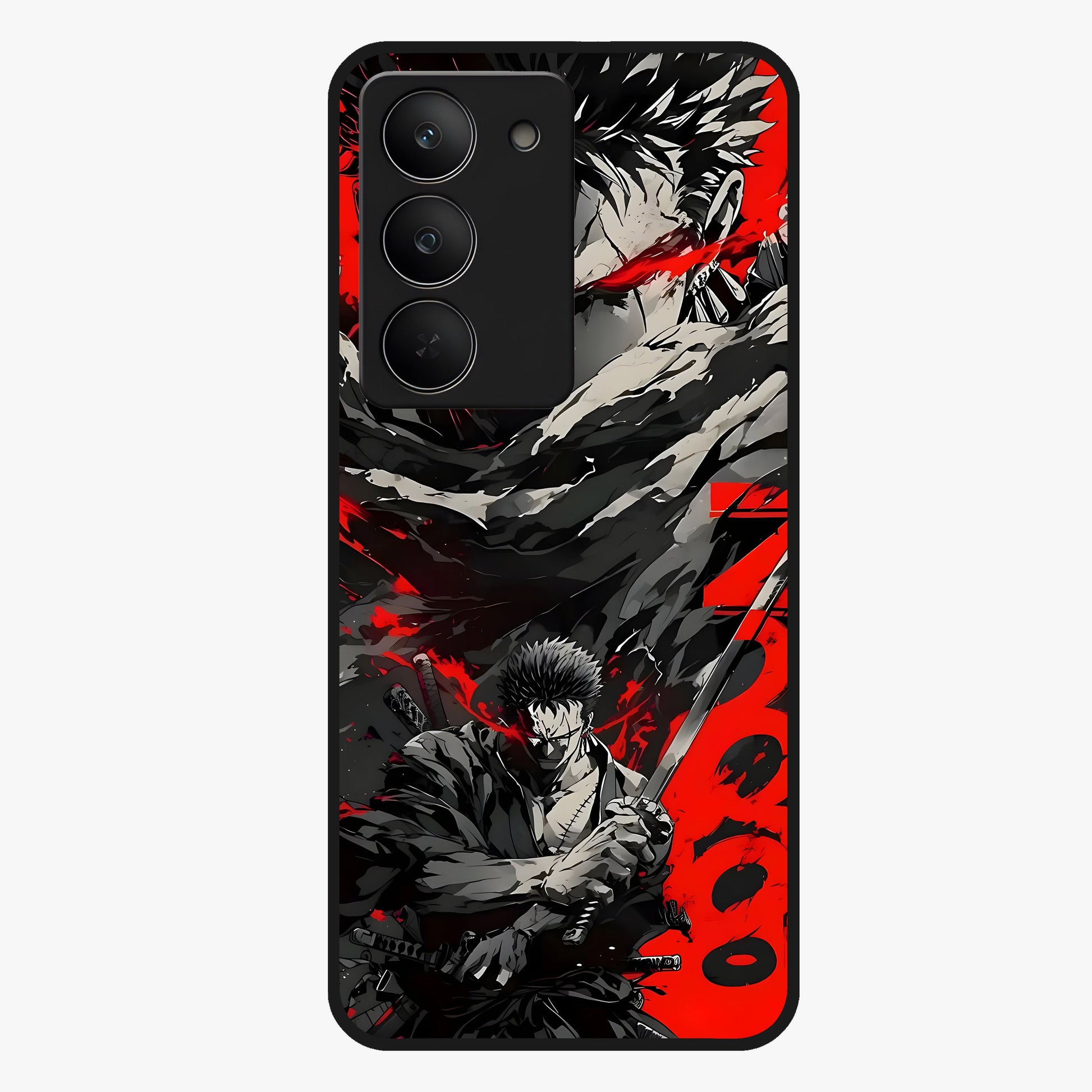Demon Sword Resolve Glass Case showing flat back view with fierce sword warrior artwork and glossy glass finish.