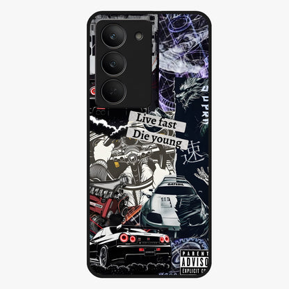 Die Young Glass Case showing flat back view with bold artistic typography design and glossy glass finish.