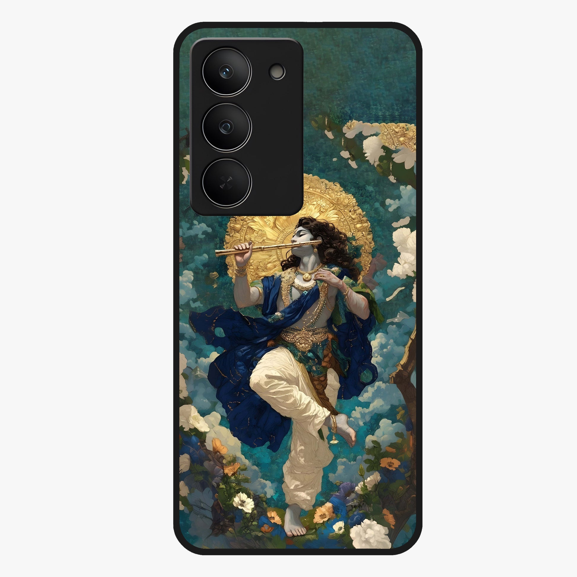 Divine Krishna Art Glass Case showing flat back view with Lord Krishna artwork and glossy glass finish.