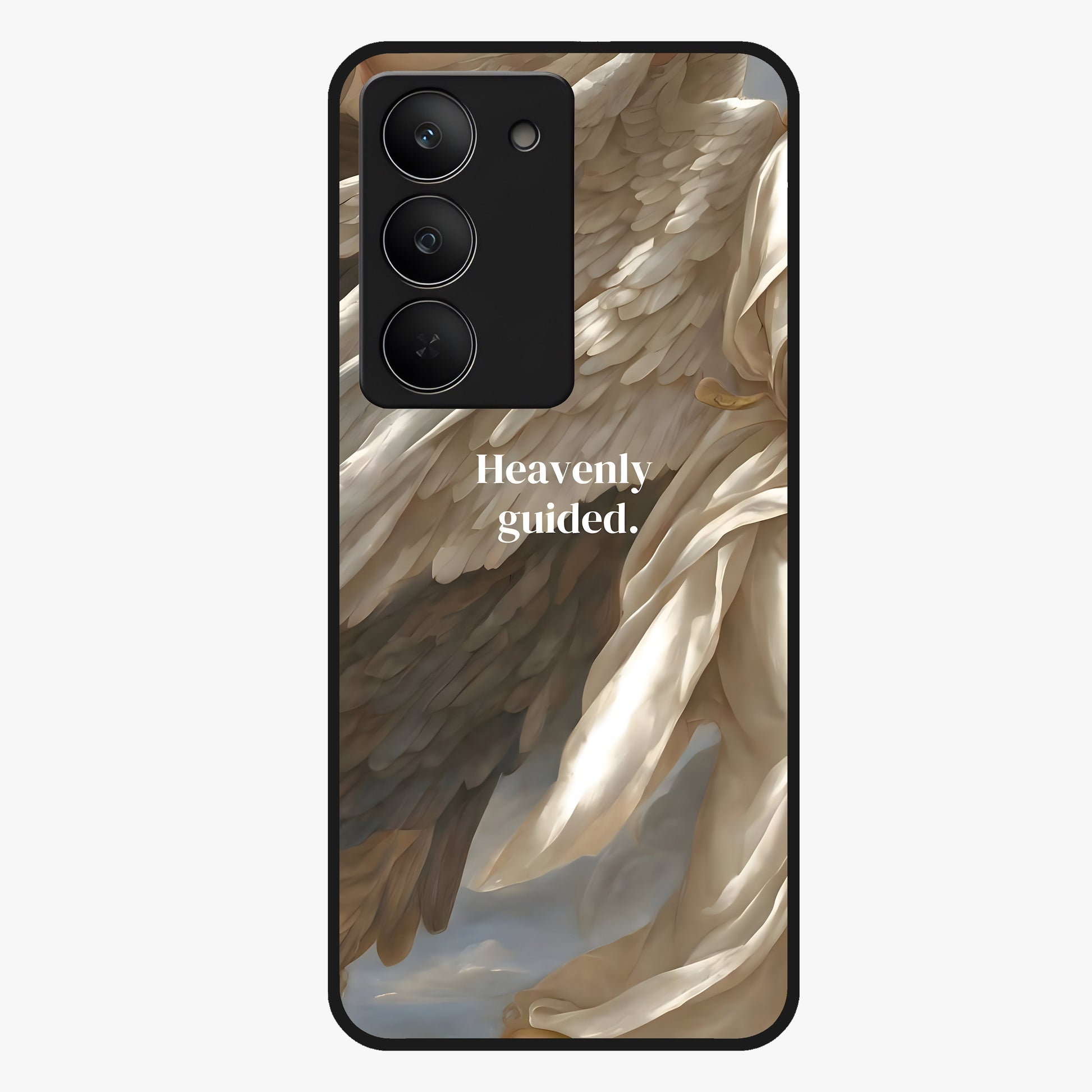 Divine Winged Grace Glass Case showing flat back view with elegant wing inspired artwork and glossy glass finish.