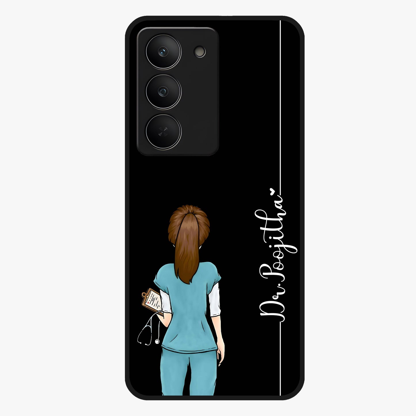 Doctor Pattern Custom Name Glass Case showing flat back view with medical themed pattern and personalized name design.