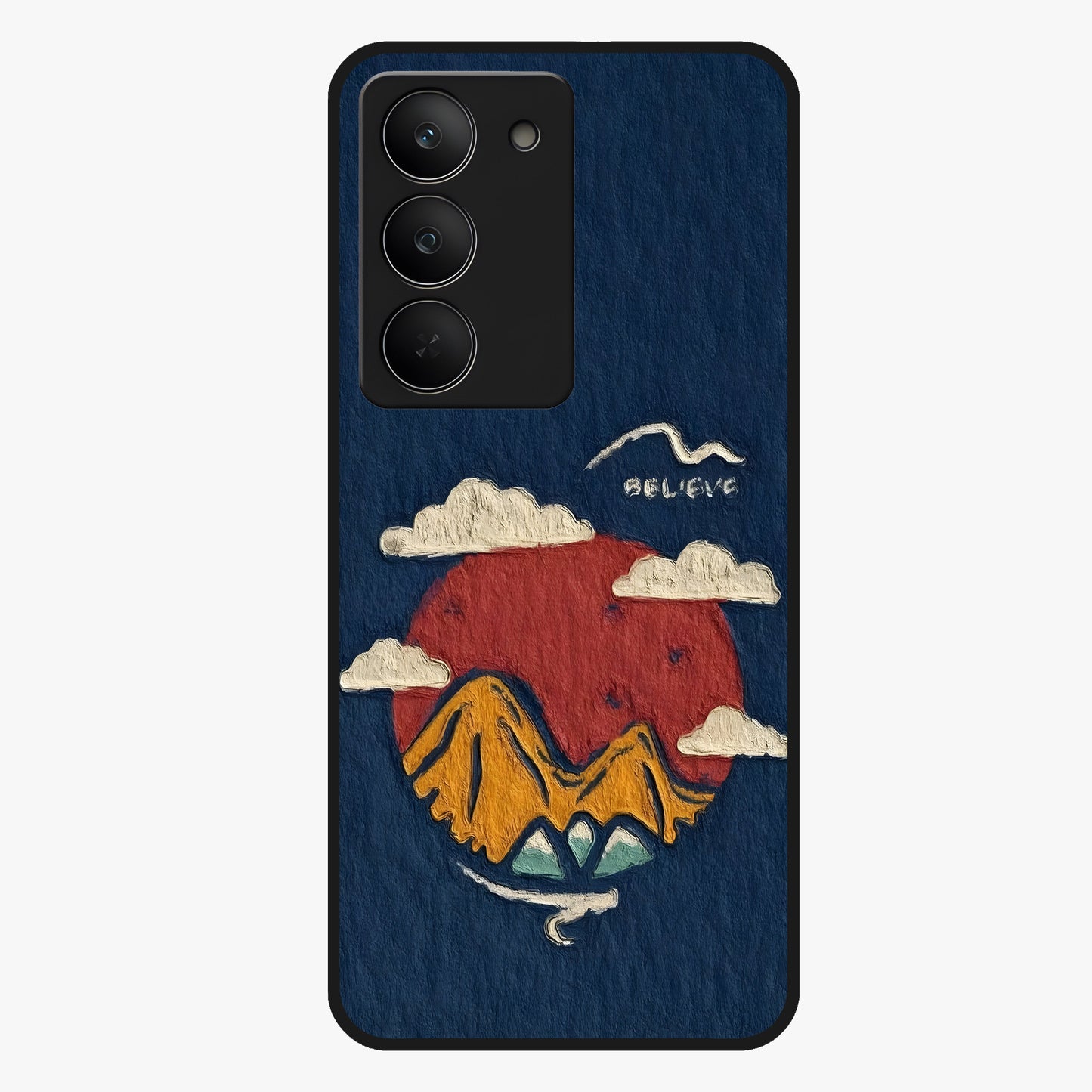 Dream Beyond Mountains Glass Case showing flat back view with scenic mountain landscape artwork and glossy glass finish.