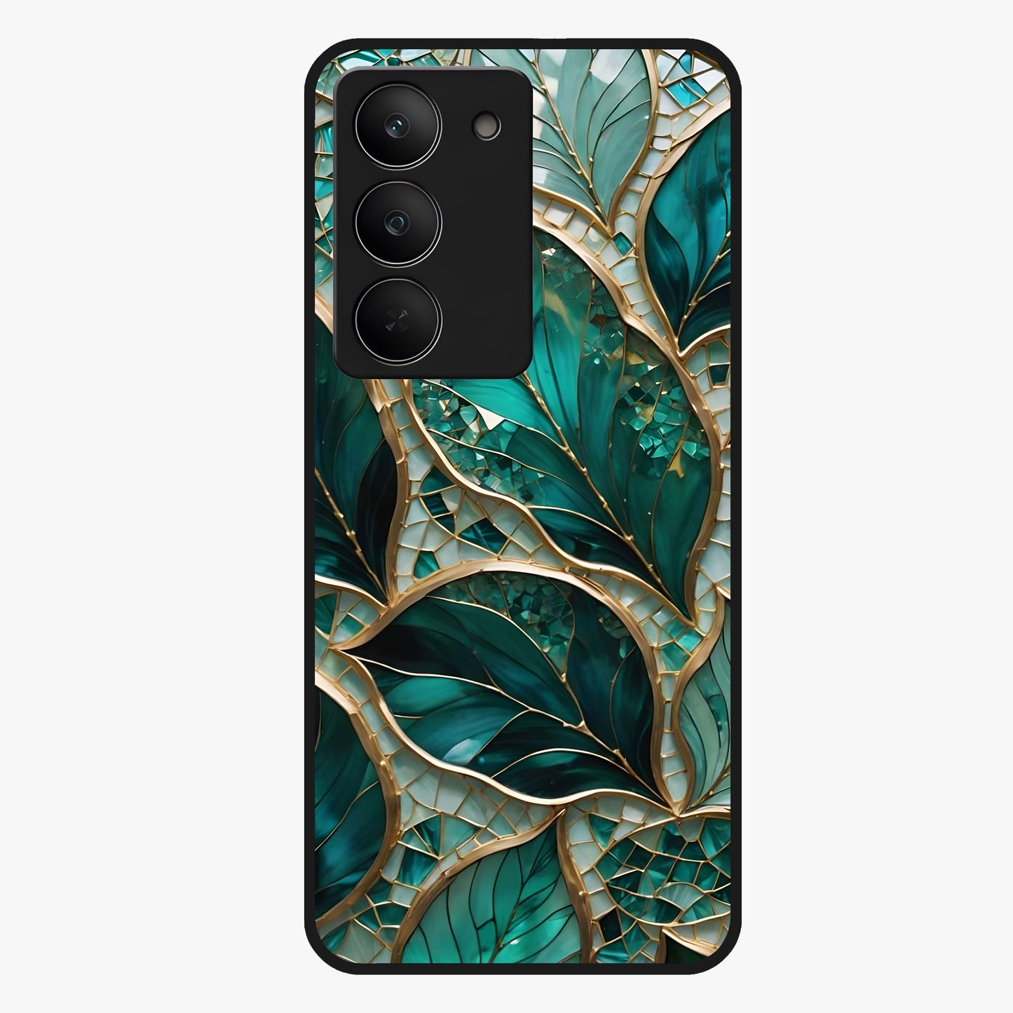 Emerald Leaf Glass Glass Case showing flat back view with emerald green leaf artwork and glossy glass finish.