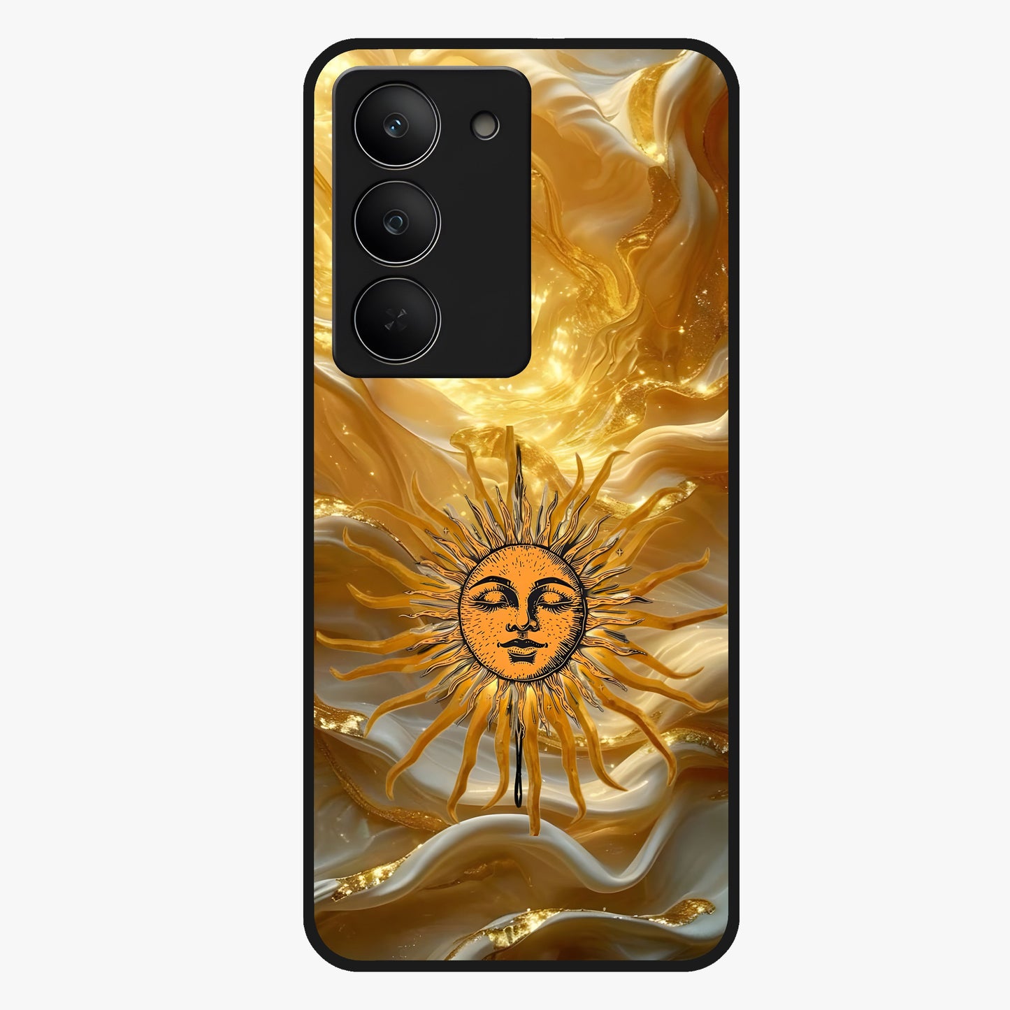 Eternal Golden Glow Glass Case showing flat back view with radiant golden themed artwork and glossy glass finish.