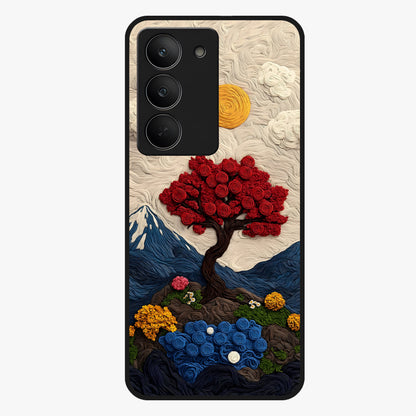 Eternal Nature Tapestry Glass Case showing flat back view with intricate nature tapestry artwork and glossy glass finish.