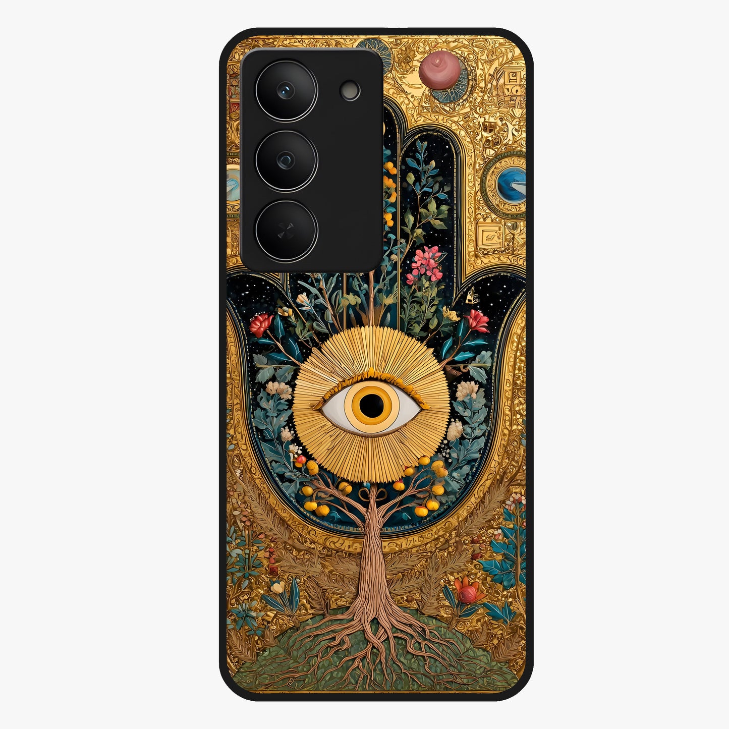 Ethereal Evil Eye Glass Case showing flat back view with mystical evil eye artwork and glossy glass finish.