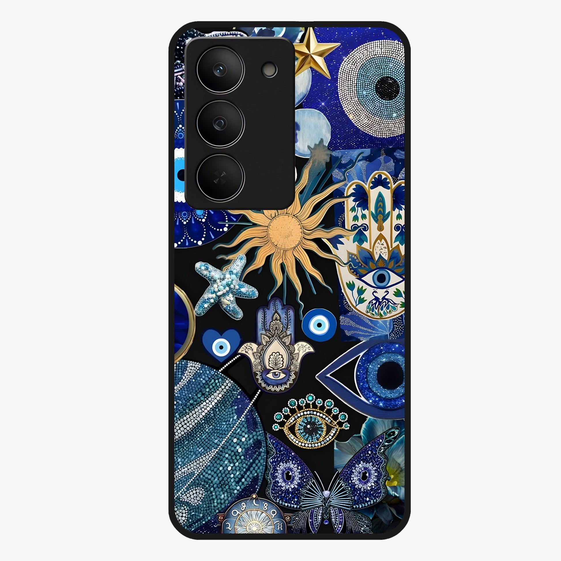 Evil Eye Charm Mix Glass Case showing flat back view with multiple evil eye charms artwork and glossy glass finish.