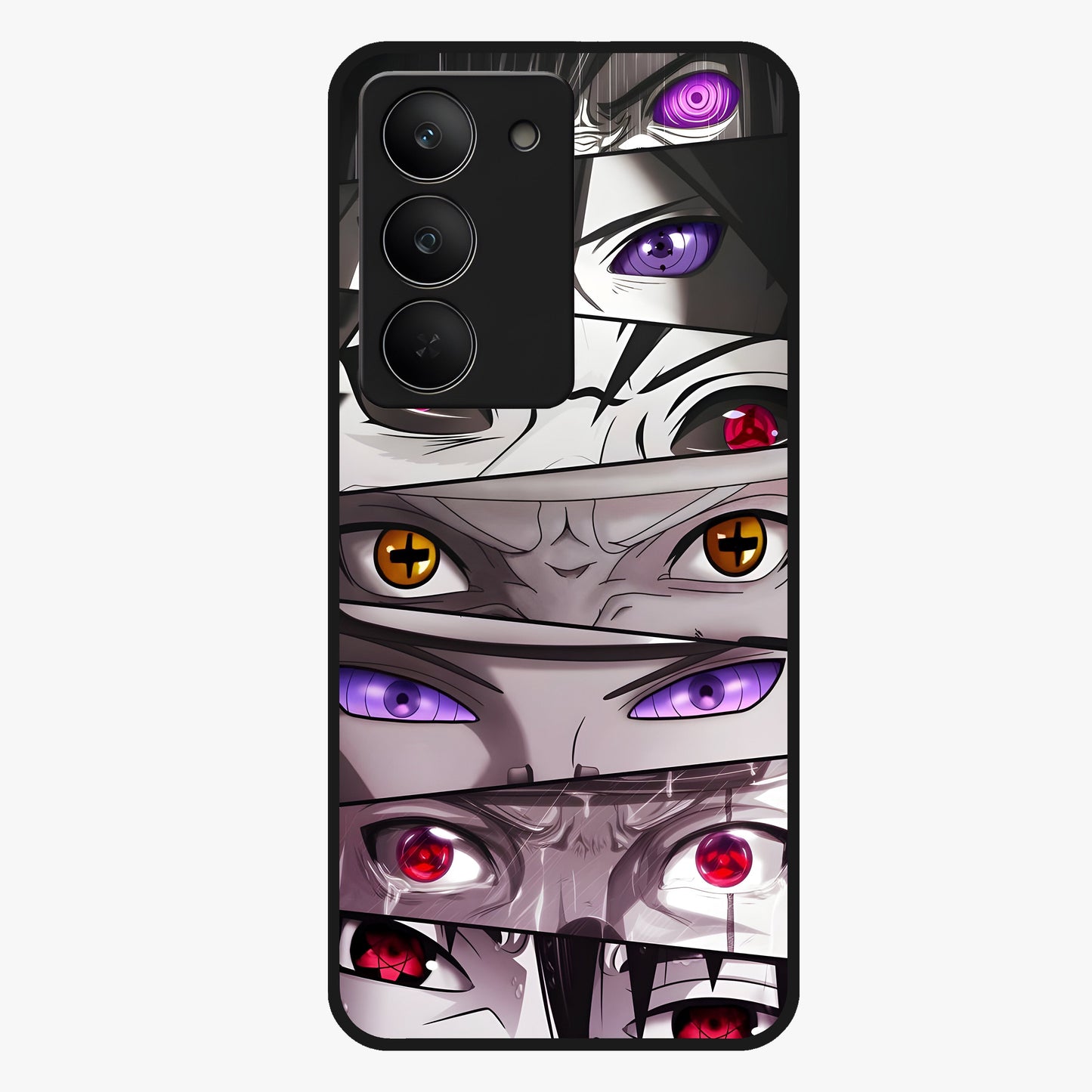 Eyes of Destiny Glass Case showing flat back view with striking eye themed artwork and glossy glass finish.