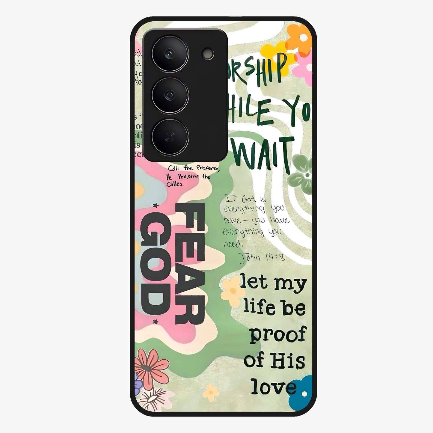 Faith Over Fear Glass Case showing flat back view with motivational typography artwork and glossy glass finish.