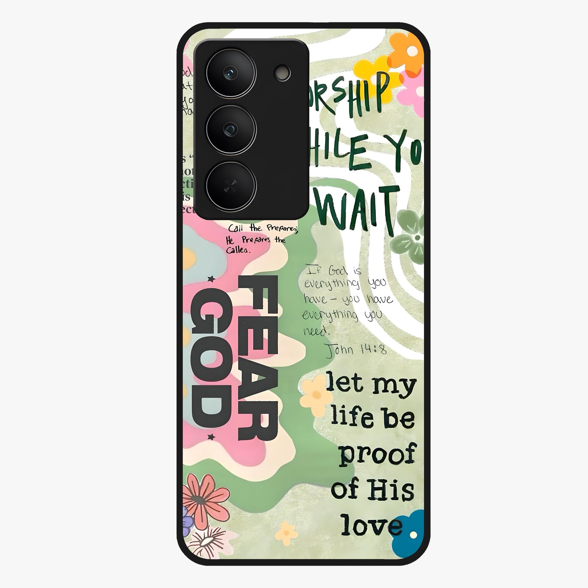 Faith Over Fear Glass Case showing flat back view with motivational typography artwork and glossy glass finish.