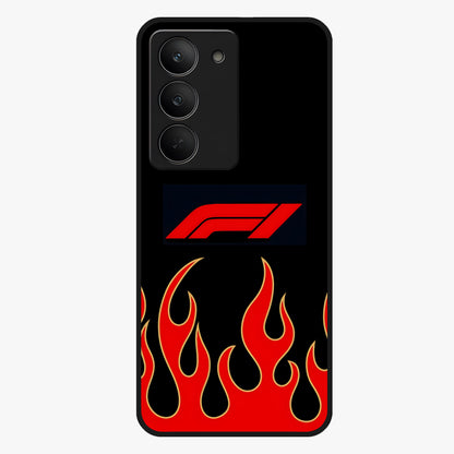 Fire F11 Glass Case showing flat back view with fiery themed artwork and glossy glass finish.