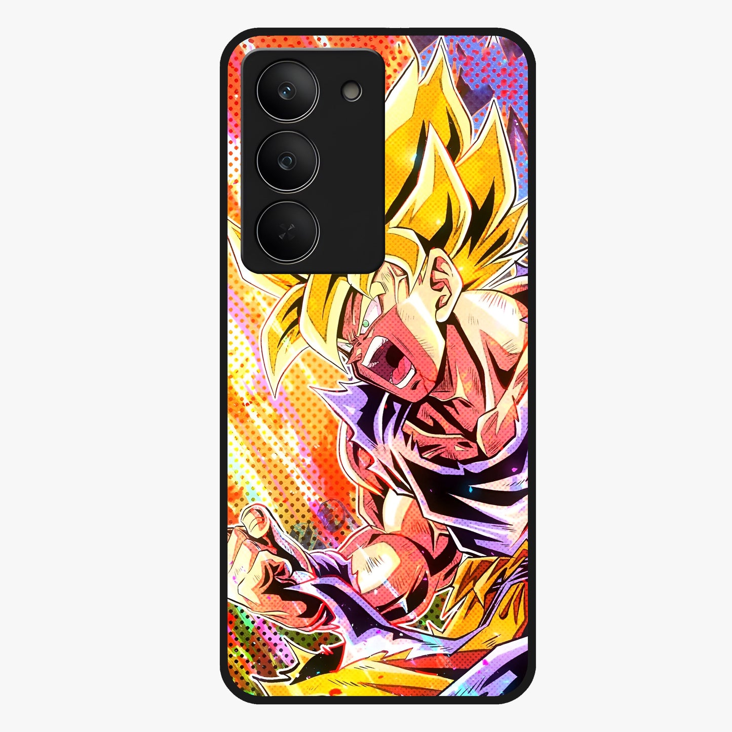 Firing Goku Glass Case showing flat back view with powerful anime inspired artwork and glossy glass finish.
