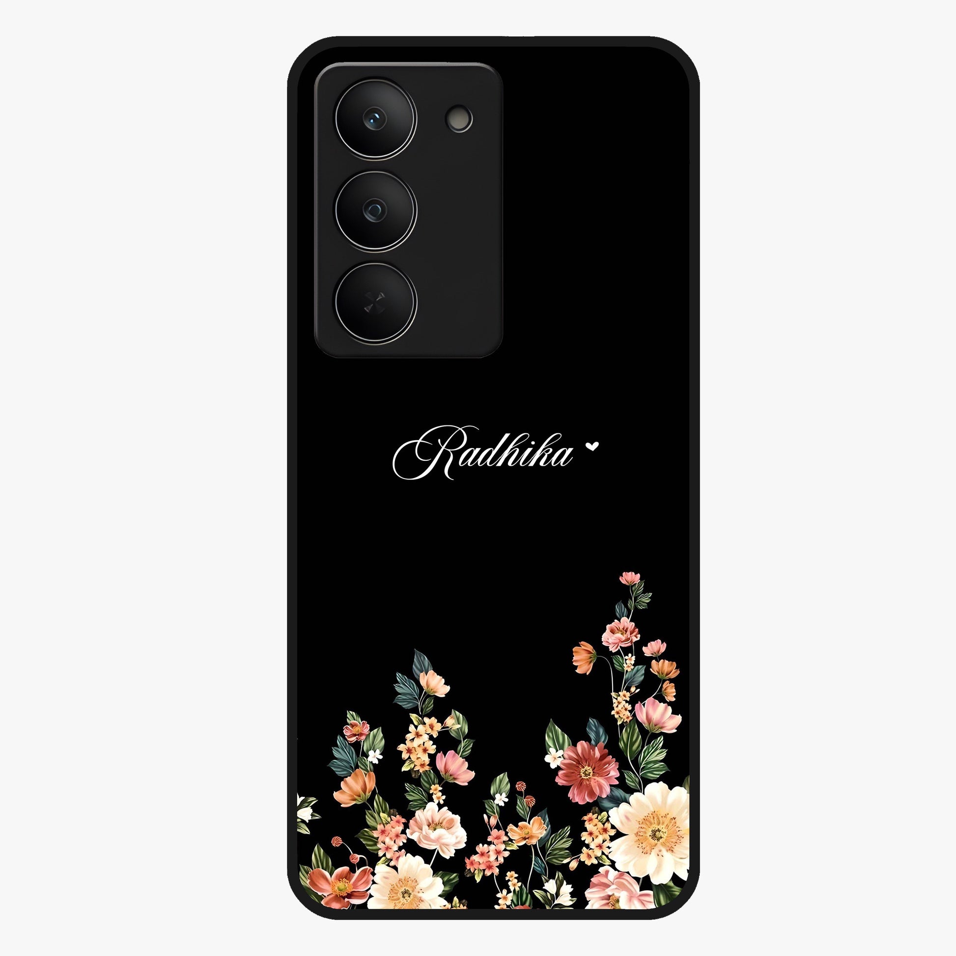 Floral Design With a Custom Personalized Name Glass Case showing flat back view with floral artwork and personalized name design.