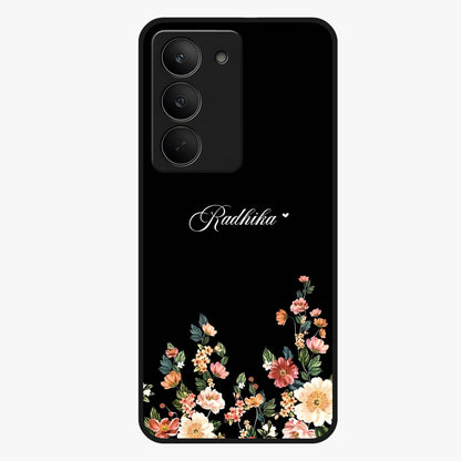 Floral Design With a Custom Personalized Name Glass Case showing flat back view with floral artwork and personalized name design.