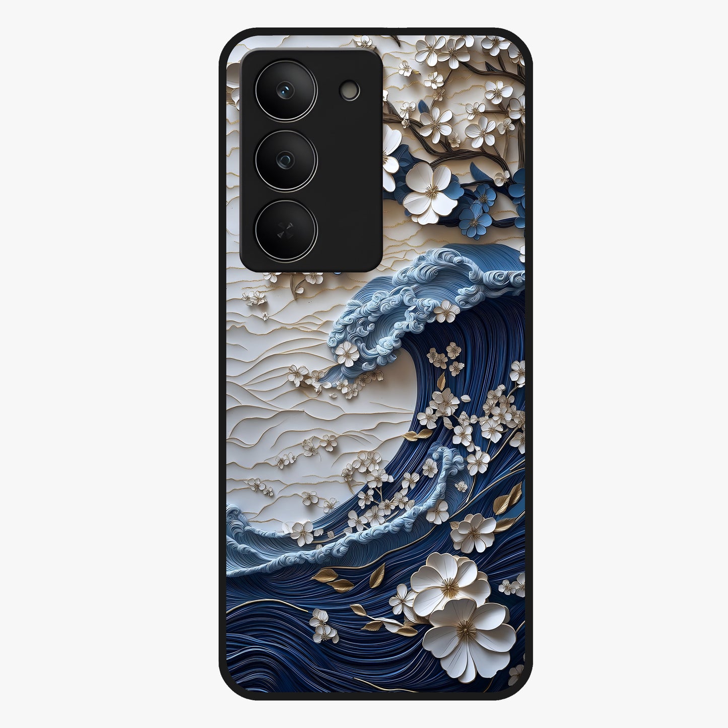 Floral Wave Origami Glass Case showing flat back view with origami inspired floral wave artwork and glossy glass finish.