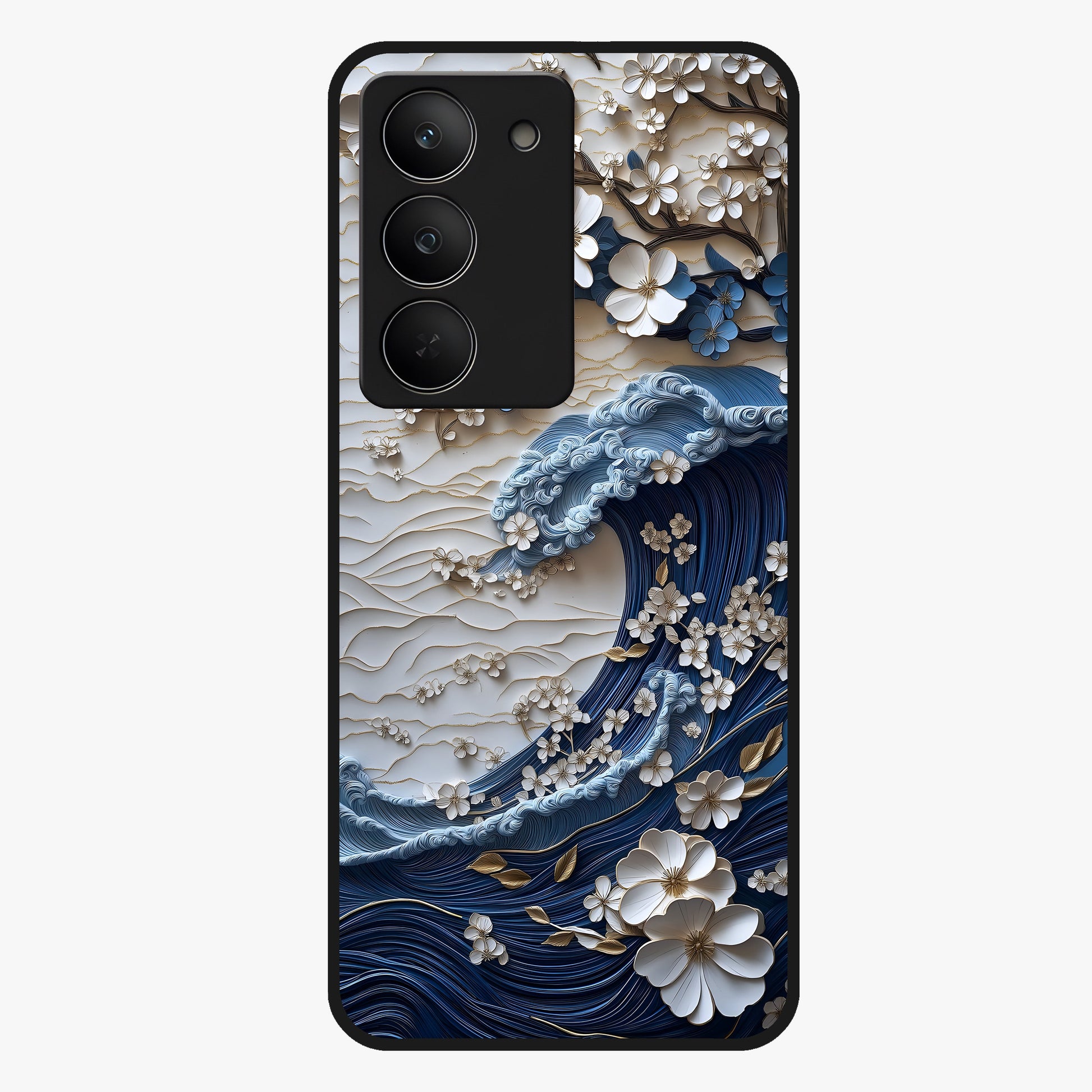 Floral Wave Origami Glass Case showing flat back view with origami inspired floral wave artwork and glossy glass finish.