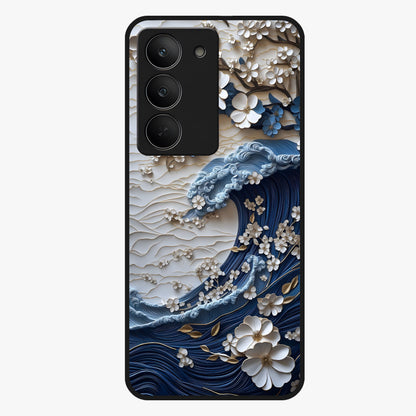 Floral Wave Origami Glass Case showing flat back view with origami inspired floral wave artwork and glossy glass finish.