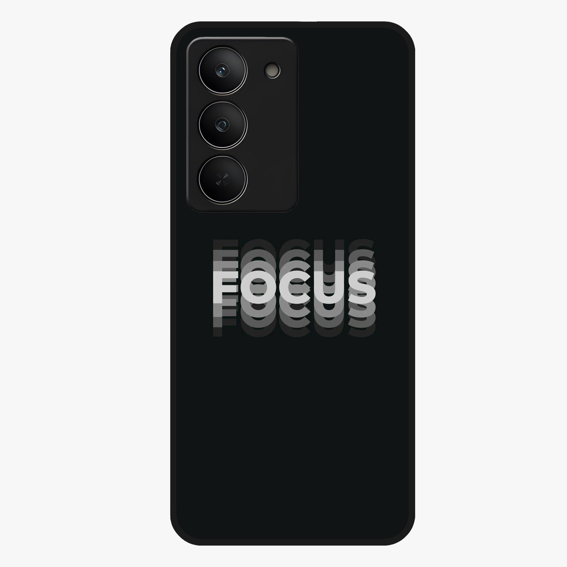 Focus Mode On Glass Case showing flat back view with bold motivational typography design and glossy glass finish.