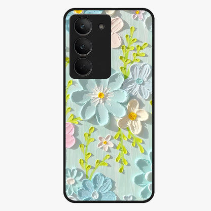 Frosted Petal Garden Glass Case showing flat back view with soft frosted floral artwork and glossy glass finish.