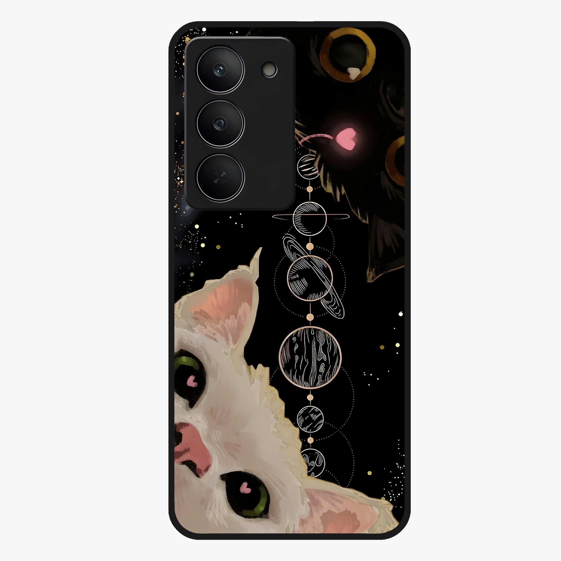 Galactic Cat Glass Case showing flat back view with cosmic cat artwork and glossy glass finish.