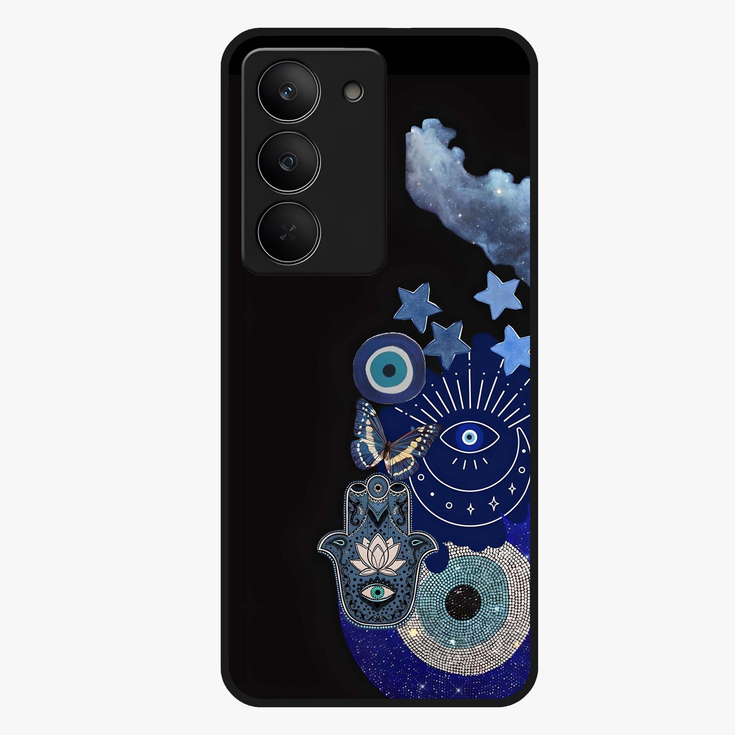Galactic Charm Cluster Glass Case showing flat back view with glowing celestial charm artwork and glossy glass finish.