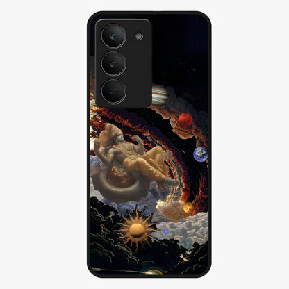 Galactic Divine God Glass Case showing flat back view with divine cosmic themed artwork and glossy glass finish.
