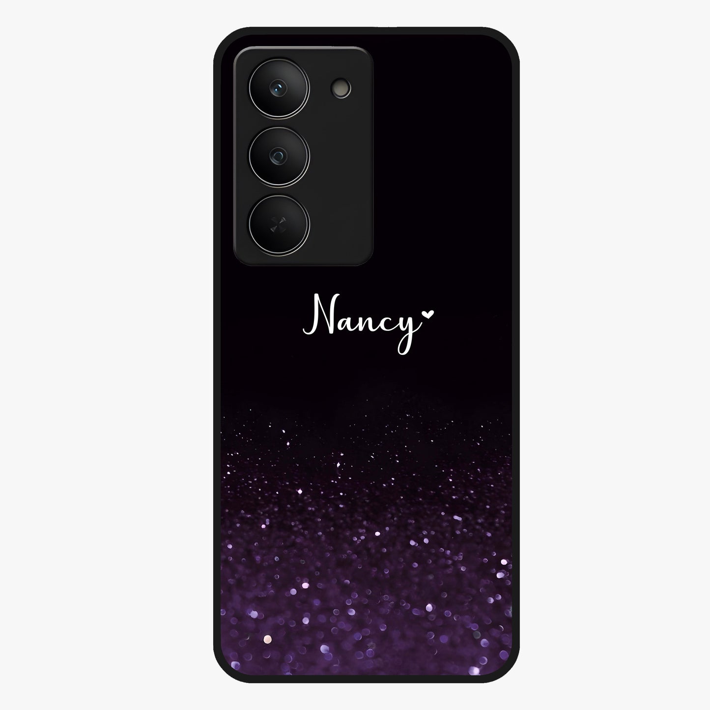 Glittery Purple Bokeh Custom Name Glass Case showing flat back view with purple bokeh sparkle artwork and personalized name design.