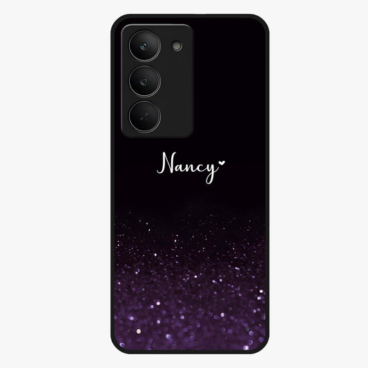 Glittery Purple Bokeh Custom Name Glass Case showing flat back view with purple bokeh sparkle artwork and personalized name design.