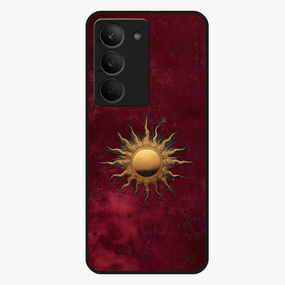 Gold Sun Blush Glass Case showing flat back view with golden sun inspired artwork and glossy glass finish.