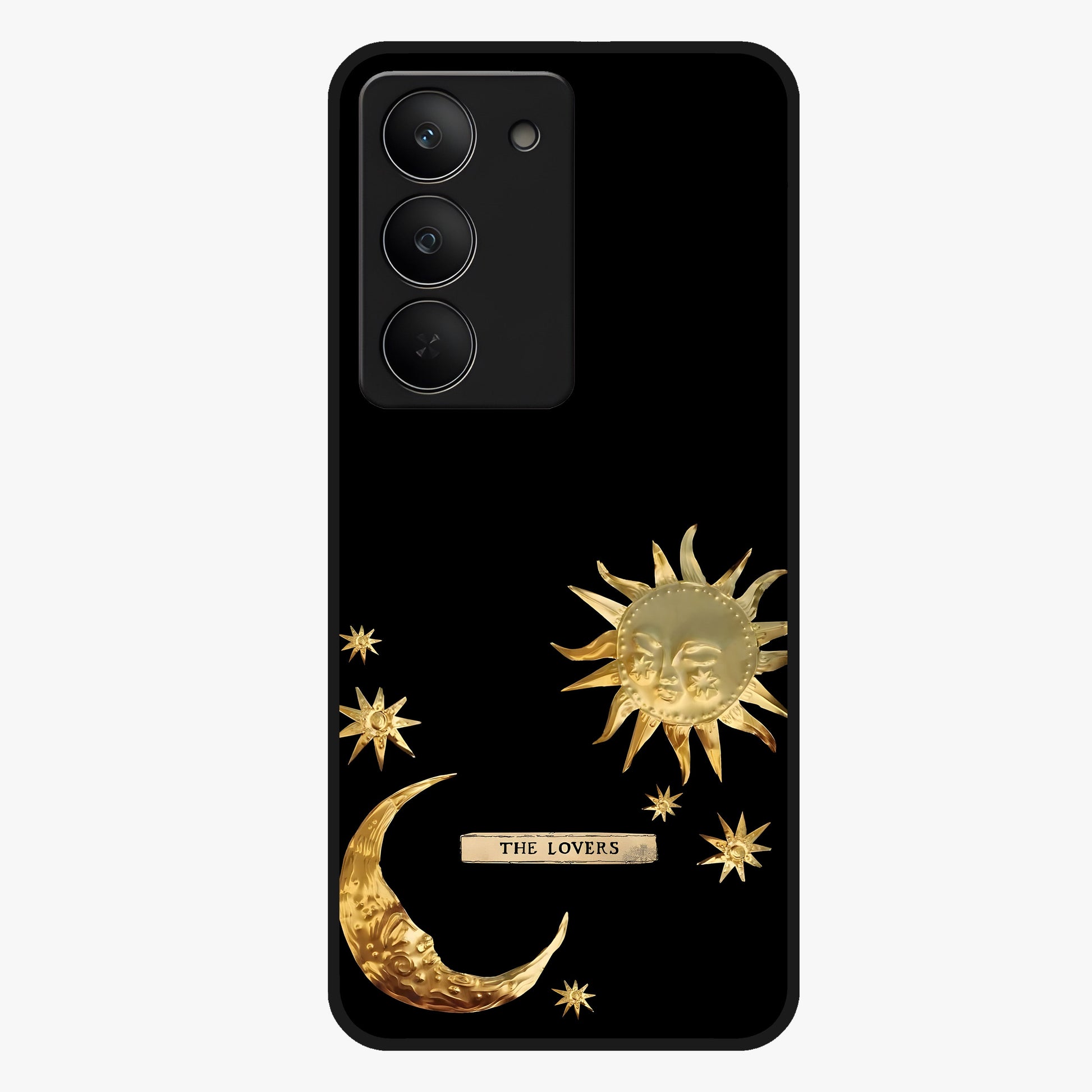 Golden Celestial Charm Glass Case showing flat back view with golden celestial charm artwork and glossy glass finish.
