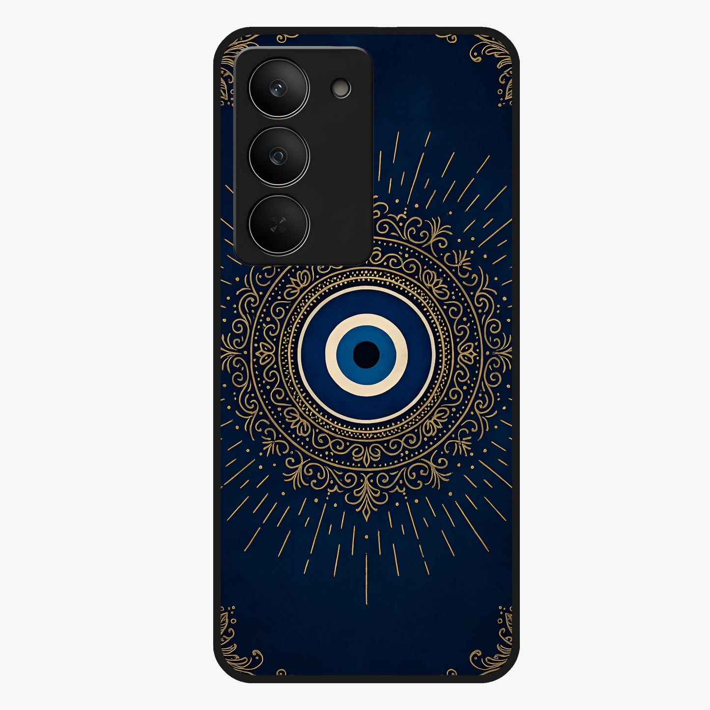 Golden Evil Eye Mandala Glass Case showing flat back view with intricate evil eye mandala artwork and glossy glass finish.