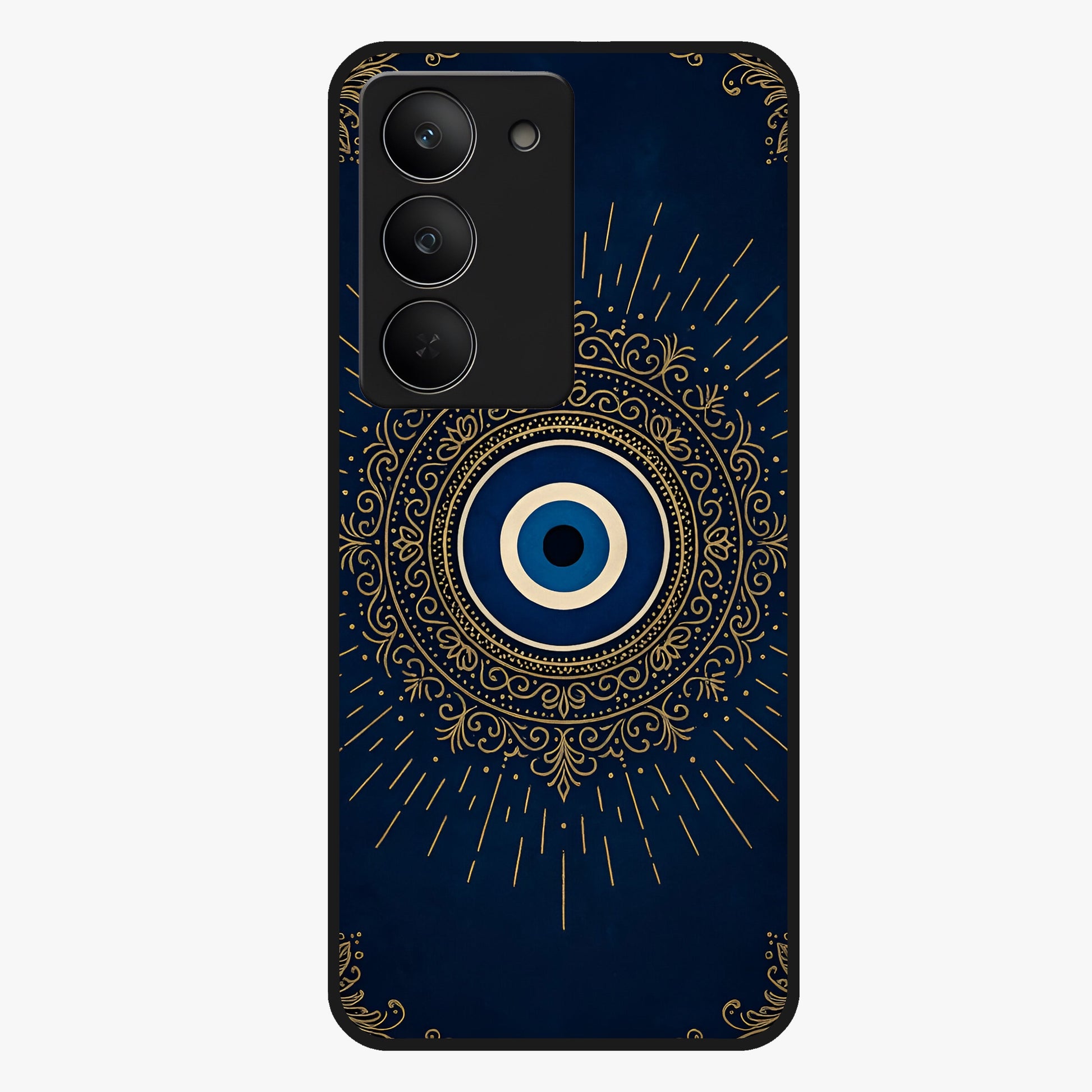 Golden Evil Eye Mandala Glass Case showing flat back view with intricate evil eye mandala artwork and glossy glass finish.