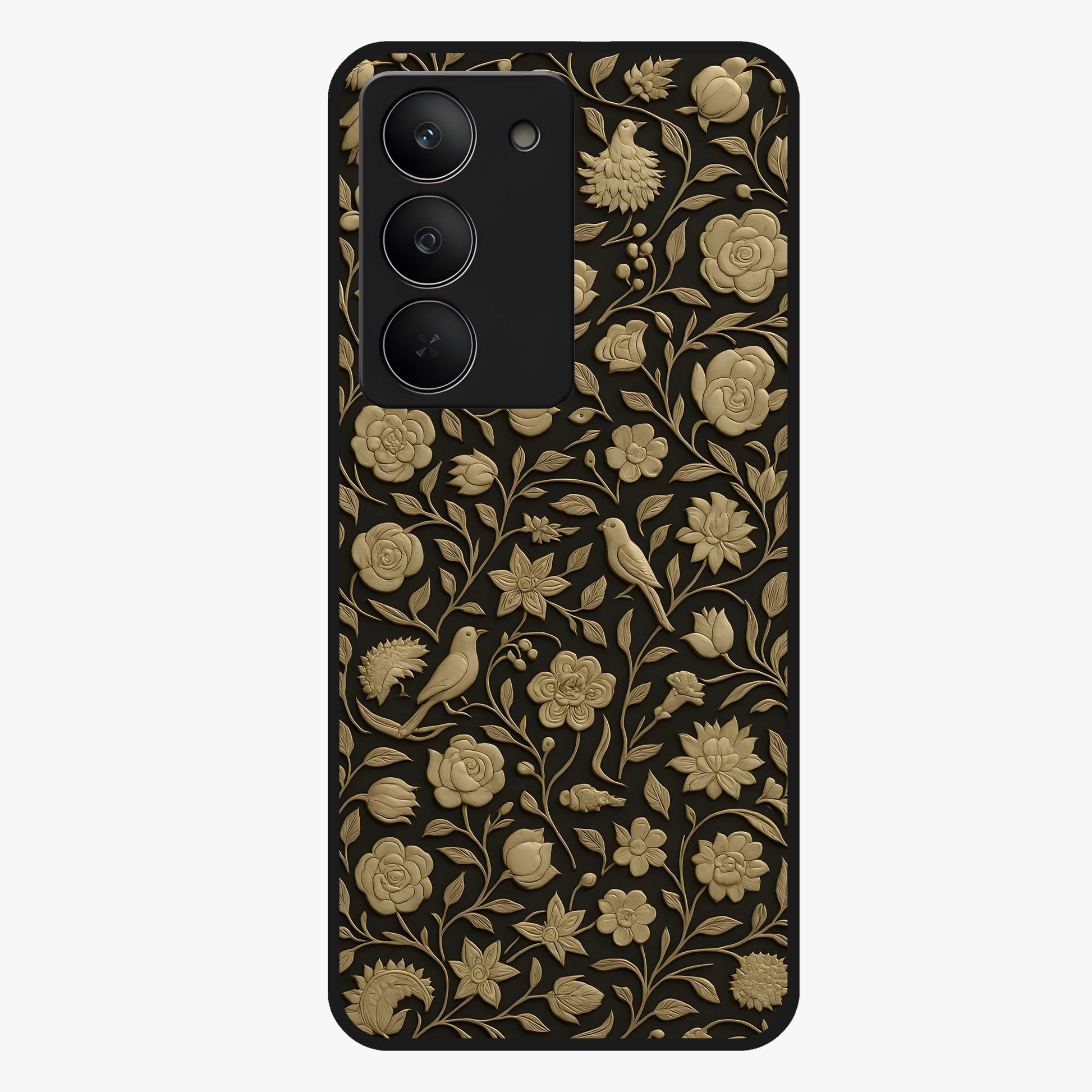 Golden Floral Majesty Glass Case showing flat back view with luxurious golden floral artwork and glossy glass finish.