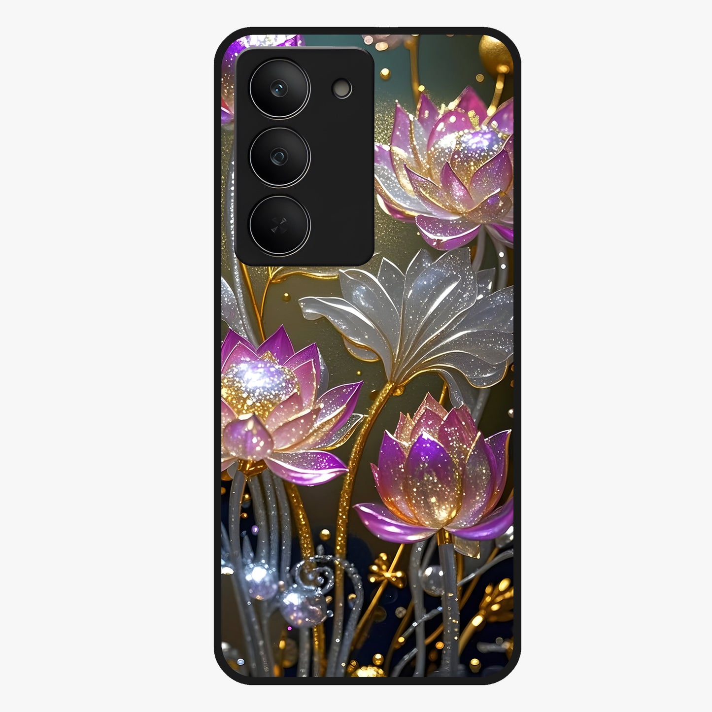 Golden Lotus Glow Glass Case showing flat back view with glowing lotus flower artwork and glossy glass finish.