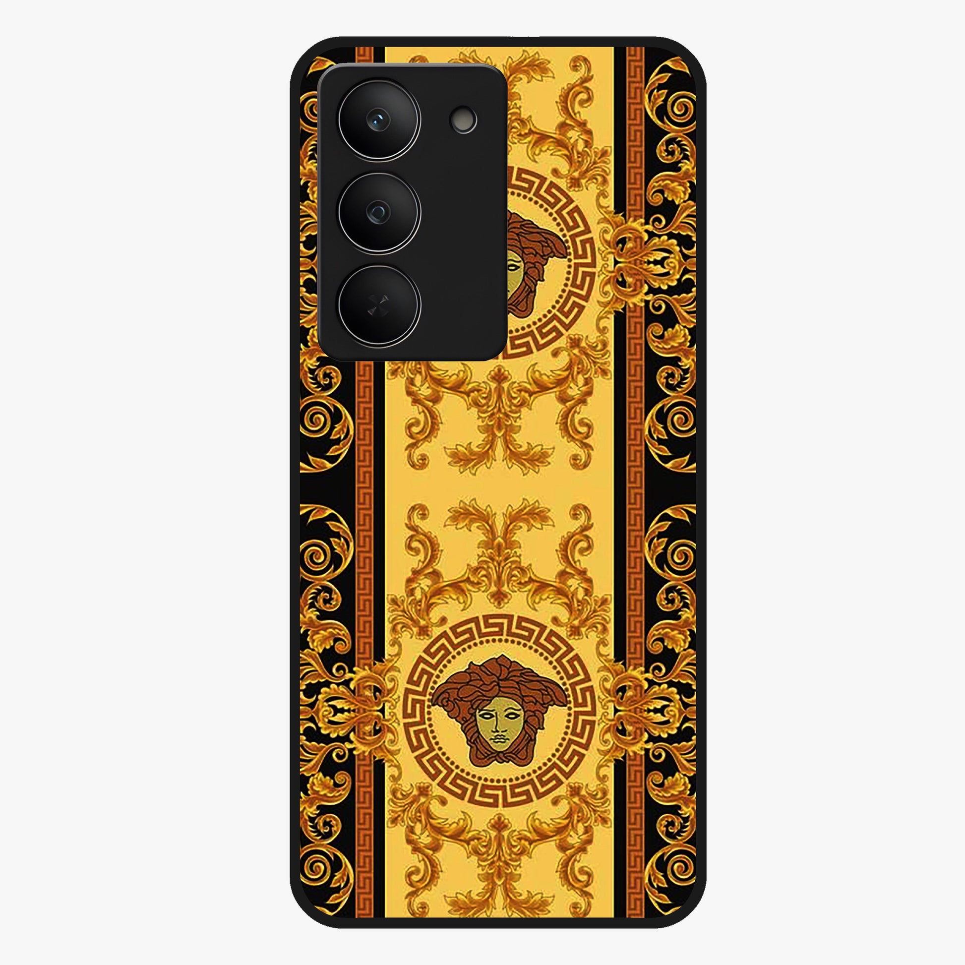 Golden Royal Heritage Glass Case showing flat back view with ornate royal pattern artwork and glossy glass finish.