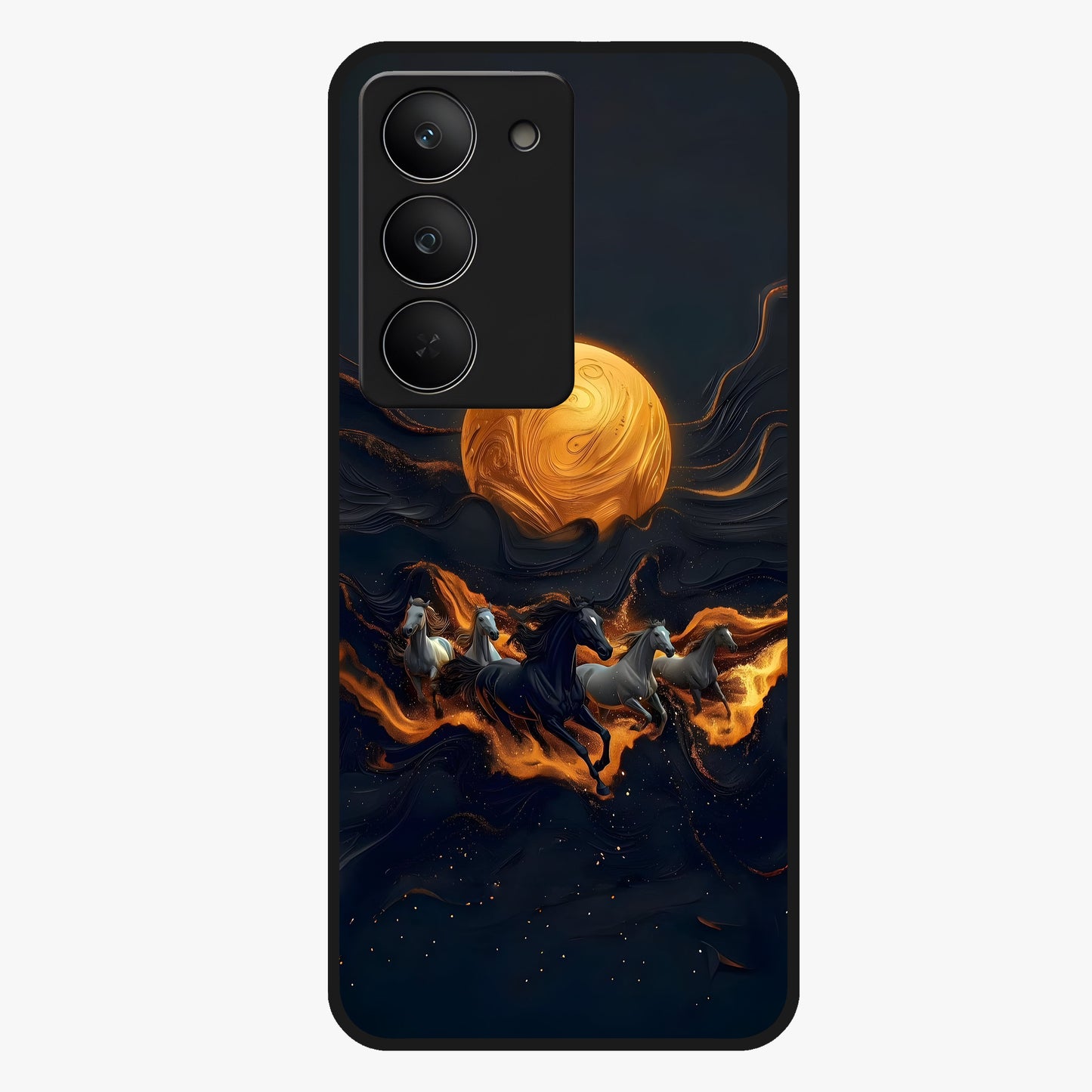Golden Stallion Moonride Glass Case showing flat back view with majestic horse under moonlight artwork and glossy glass finish.