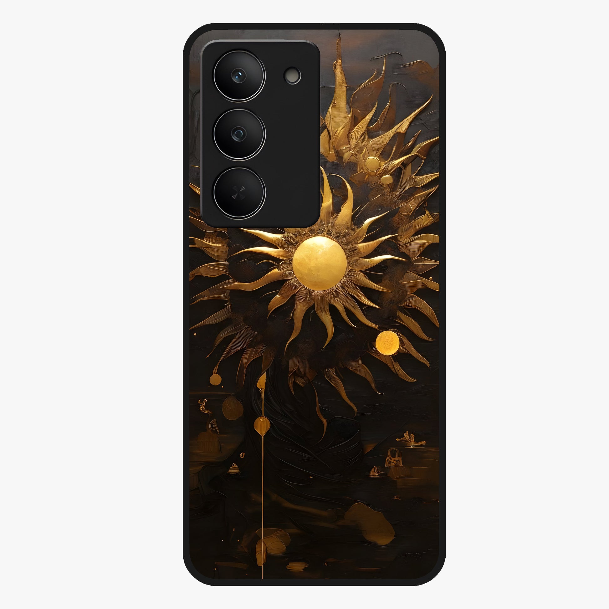 Golden Sun Majesty Glass Case showing flat back view with radiant golden sun artwork and glossy glass finish.