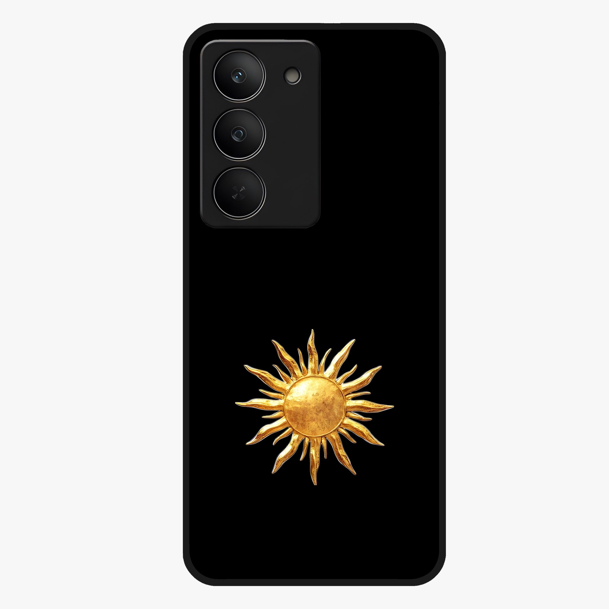 Golden Sun Minimalism Glass Case showing flat back view with minimal golden sun artwork and glossy glass finish.