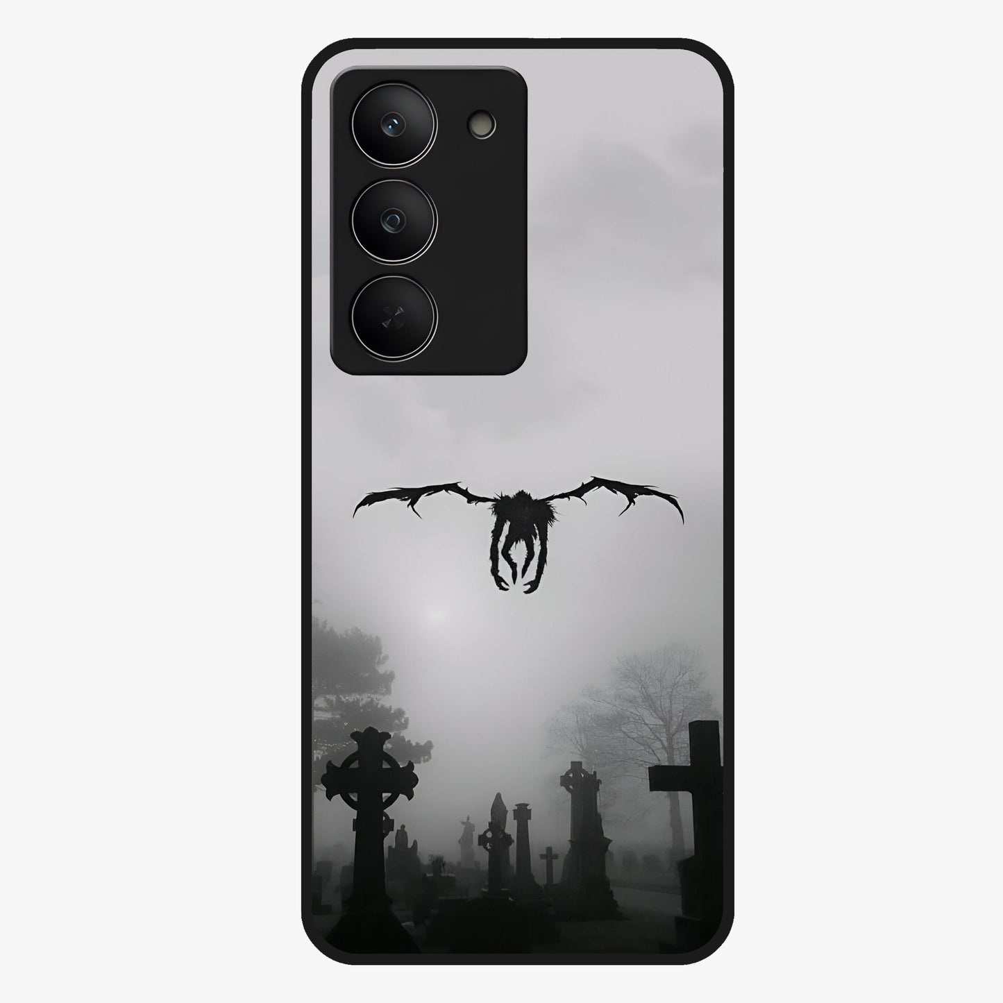 Graveyard Shadow Descent Glass Case showing flat back view with dark graveyard themed artwork and glossy glass finish.