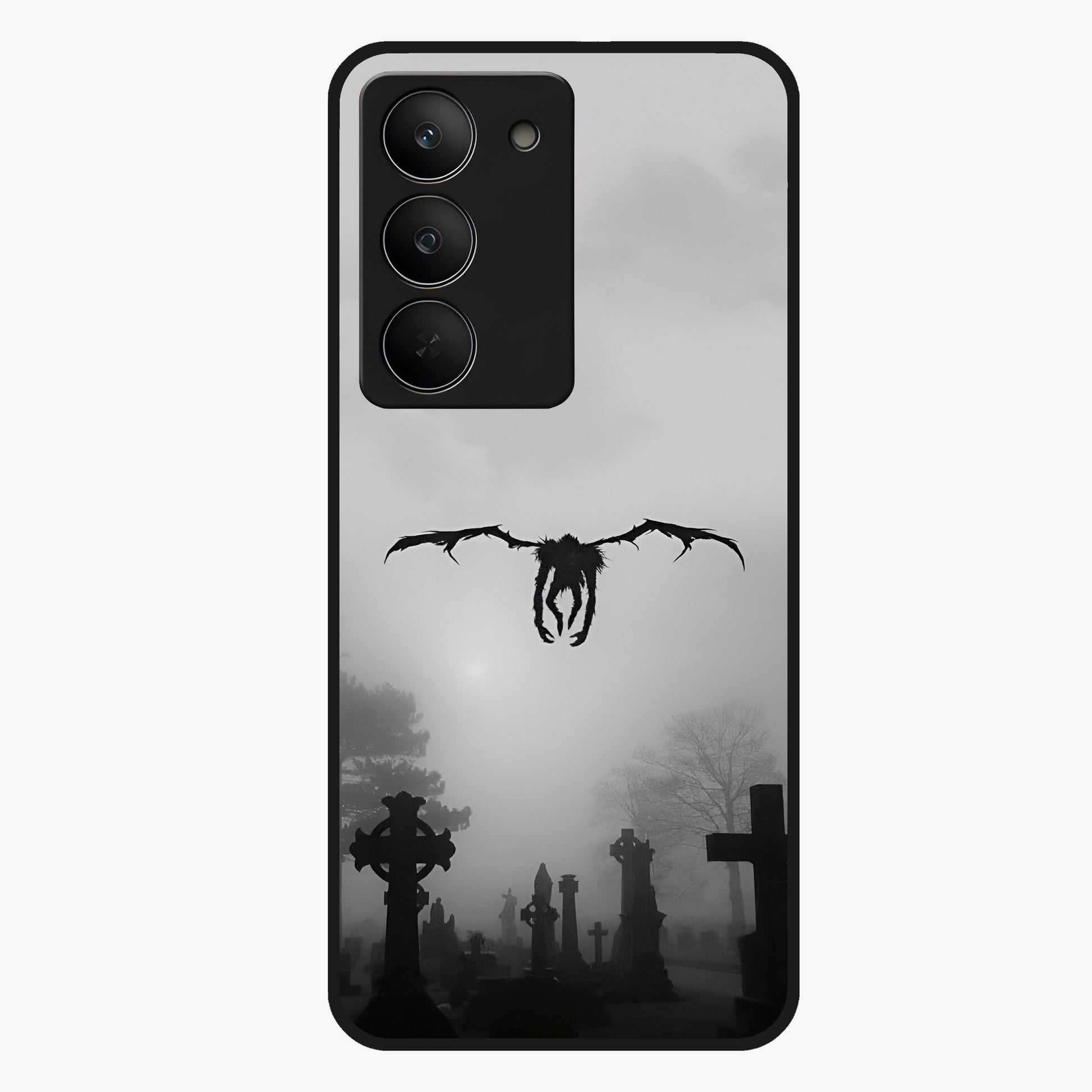 Graveyard Shadow Descent Glass Case showing flat back view with dark graveyard themed artwork and glossy glass finish.