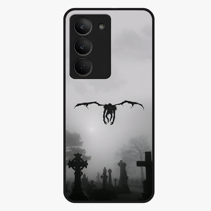 Graveyard Shadow Descent Glass Case showing flat back view with dark graveyard themed artwork and glossy glass finish.